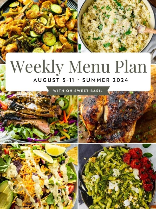 a graphic for a weekly menu plan showing 6 photos of main dishes