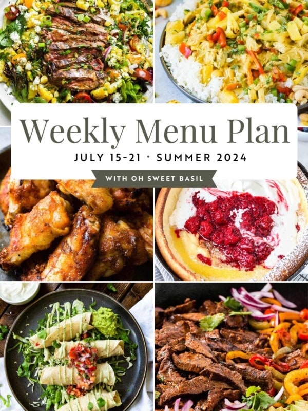 a graphic showing a collage of 6 different main dish photos for a weekly menu plan