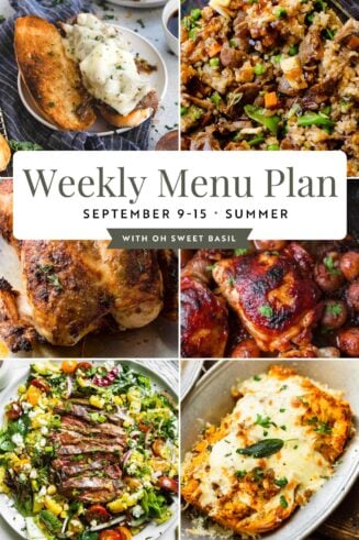 a graphic showing 6 different images of main dishes for a weekly meal plan