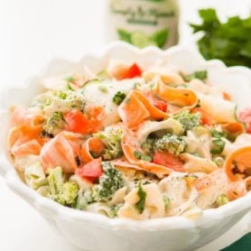 Use a potato peeler to make ribbons of veggies for this 10 minute ranch tortellini pasta salad recipe that's a quick and easy side dish for BBQs! ohsweetbasil.com