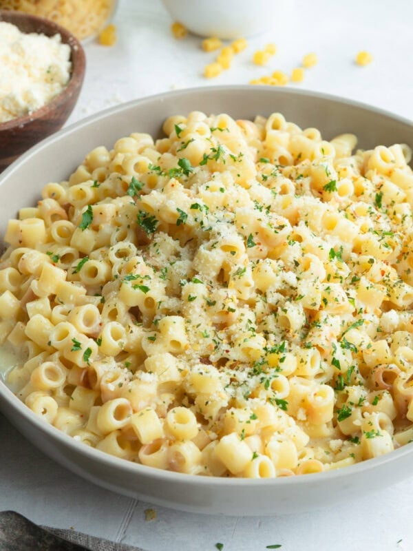 a large bowl of creamy parmesan garlic ditalini pasta