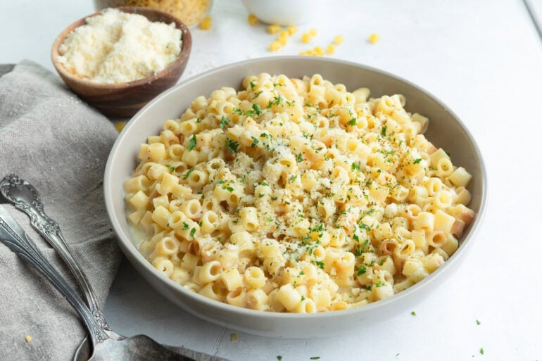 a large bowl of creamy parmesan garlic ditalini pasta