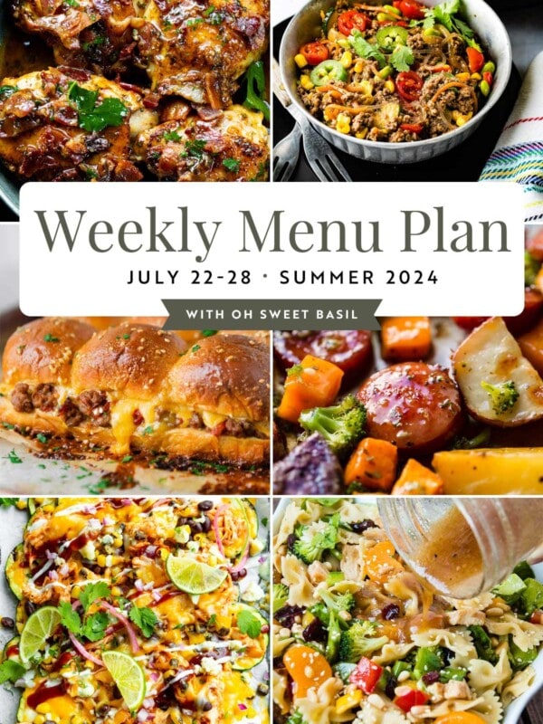 a graphic showing six different main dishes for a weekly menu plan