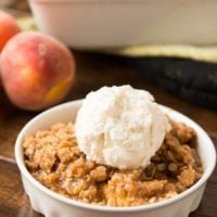 easy peach crisp for the oven or dutch oven! ohsweetbasil.com