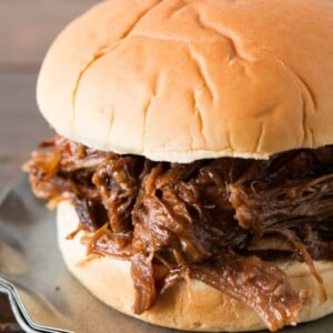 Slow cooker bbq beef sandwiches with root beer! ohsweetbasil.com insta pot, pressure cooker, crockpot