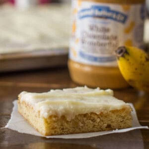White Chocolate Peanut Butter Bars ohsweetbasil.com bananas, cream cheese frosting