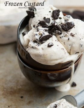 The creamiest and best homemade ice cream I have ever, ever made. Cookies and Cream Frozen Custard on ohsweetbasil.com