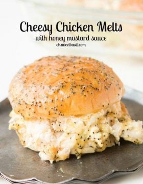 These are amazing!! Cheesy Chicken Melts with that crazy good honey mustard poppy seed sauce! Perfect for dinner, football or any other get together! ohsweetbasil.com