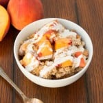 Easy slow cooker overnight steel cut oats, peaches and cream style... ohsweetbasil.com crockpot, insta pot, pressure cooker