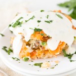These are so good and just use leftovers! Cheesy ground beef and rice fried cakes with creamy white sauce ohsweetbasil.com