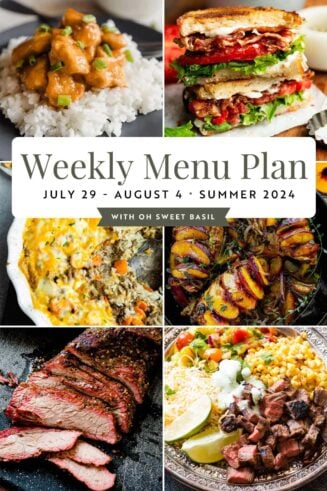 a graphic showing 6 main dish recipes for a weekly menu plan