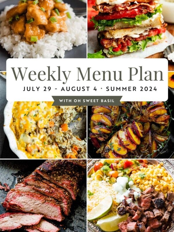 a graphic showing 6 main dish recipes for a weekly menu plan
