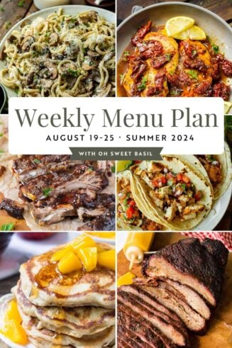 a graphic showing 6 different meals for a weekly menu plan