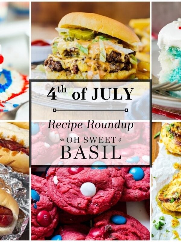 a collage of 4th of July recipes including a cheeseburger, hotdog, grilled chicken breast and patriotic desserts