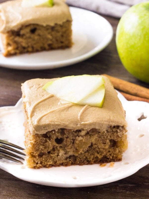 Moist apple spice cake topped with creamy caramel frosting