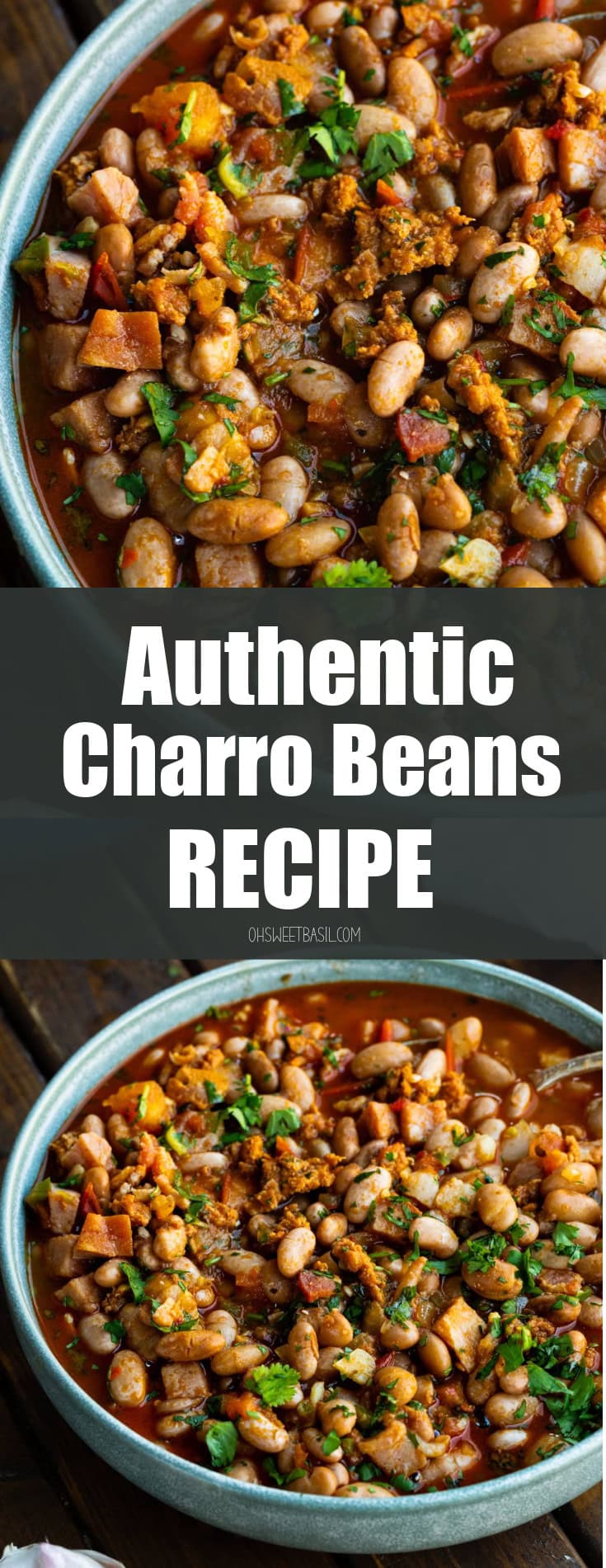 a photo of a bowl of charro beans sitting on a wooden table with with some roma tomatoes and a bulb of garlic sitting next to it