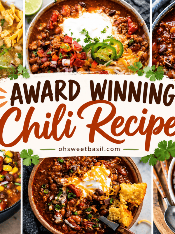 Collage of six award winning chili recipes including beef chili, white chicken chili, turkey chili, taco chili and brisket chili topped with cheese, sour cream, avocado and jalapeños.
