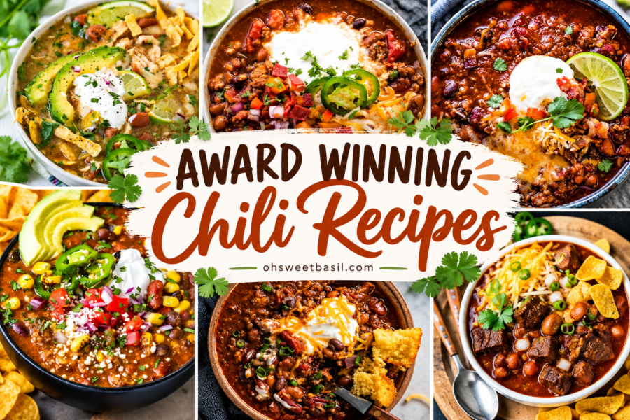 Collage of six award winning chili recipes including beef chili, white chicken chili, turkey chili, taco chili and brisket chili topped with cheese, sour cream, avocado and jalapeños.