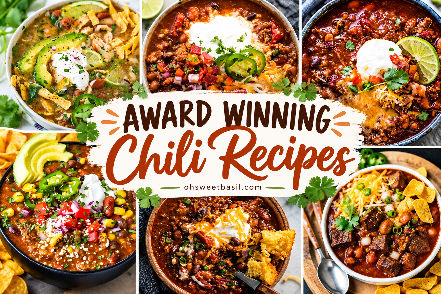 Collage of six award winning chili recipes including beef chili, white chicken chili, turkey chili, taco chili and brisket chili topped with cheese, sour cream, avocado and jalapeños.