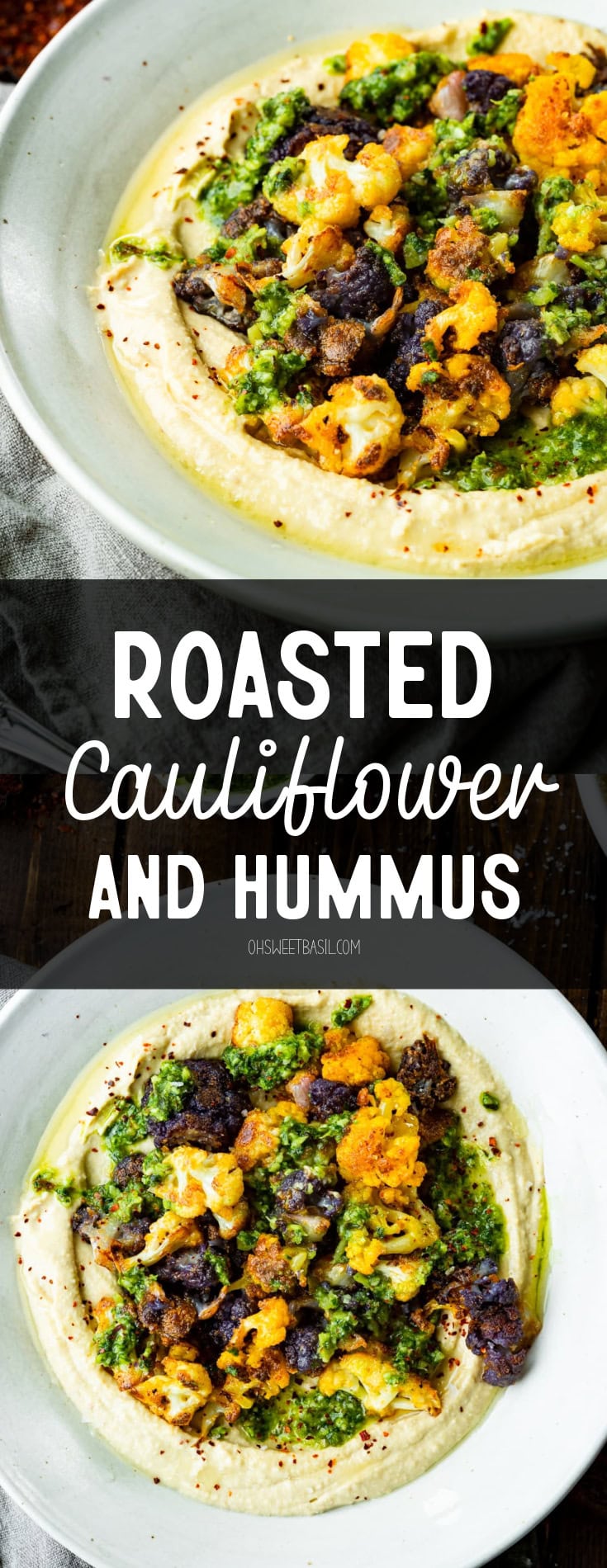a photo of a serving bowl of creamy hummus topped with crispy golden roasted cauliflower florets and pesto.