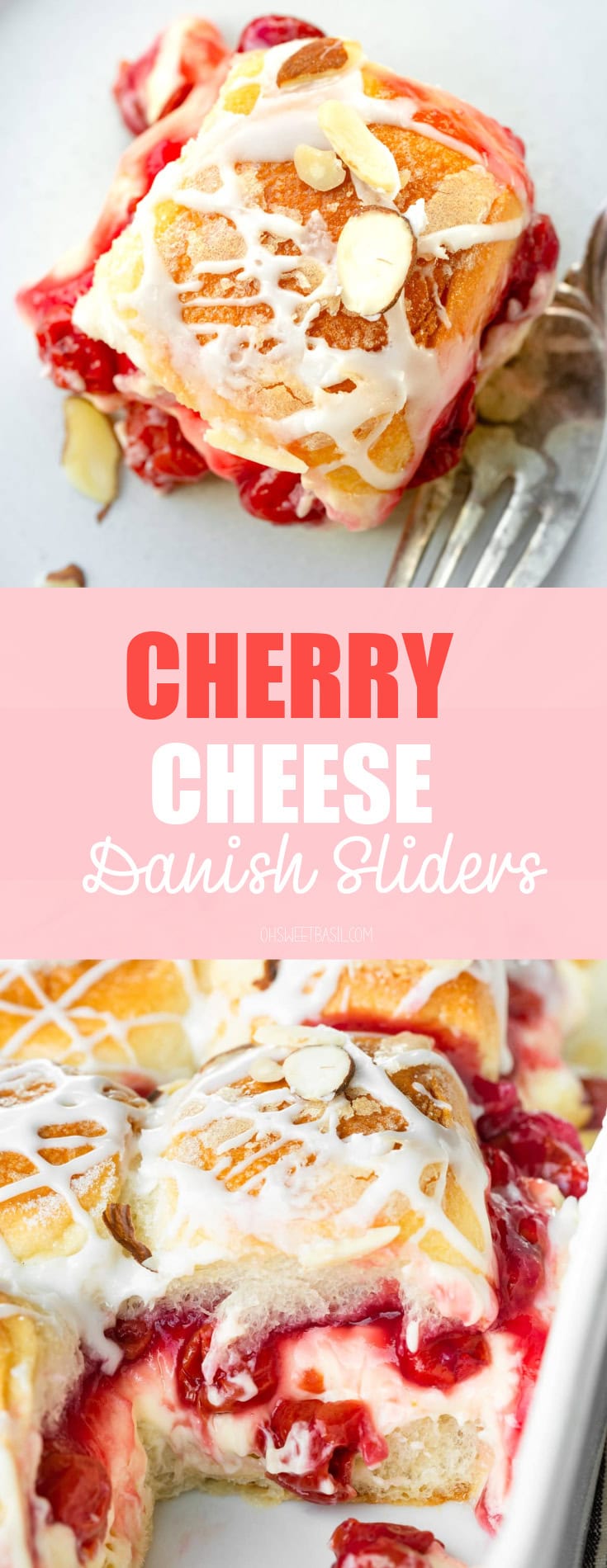 a photo of a baking dish full of golden baked sliders full of cherry pie filling and creamy cheesecake filling and topped with a drizzle and sliced almonds