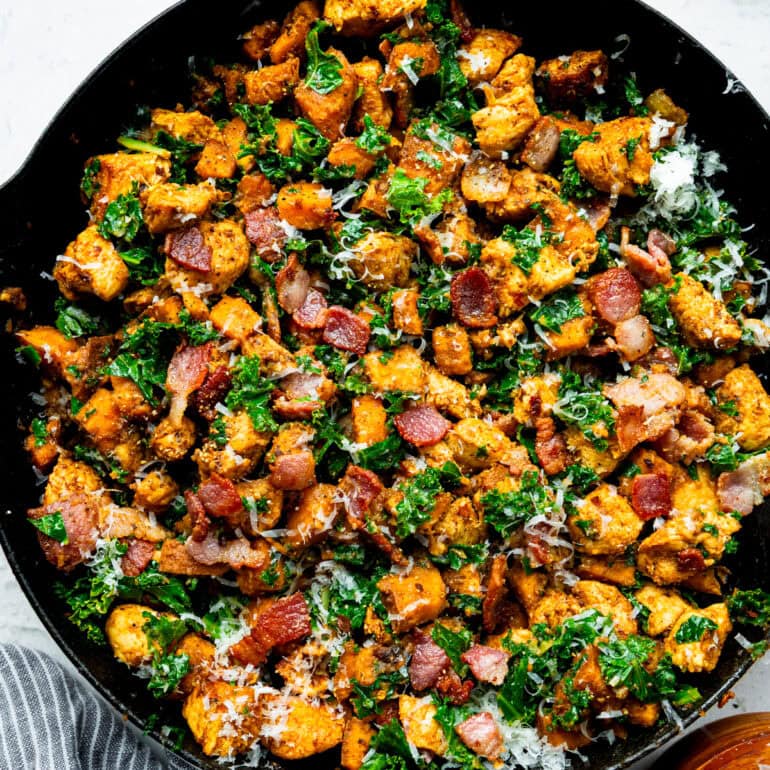 One-Pan Chicken, Sweet Potato, and Kale Skillet