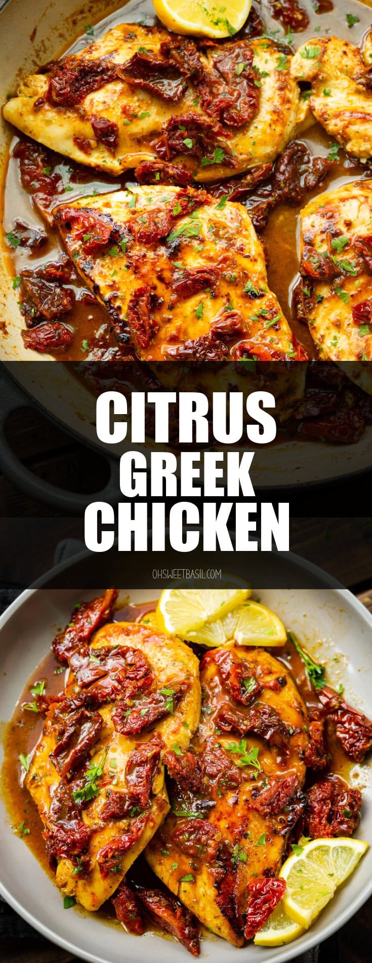 Marinated citrus greek chicken in a skillet with lemon slices