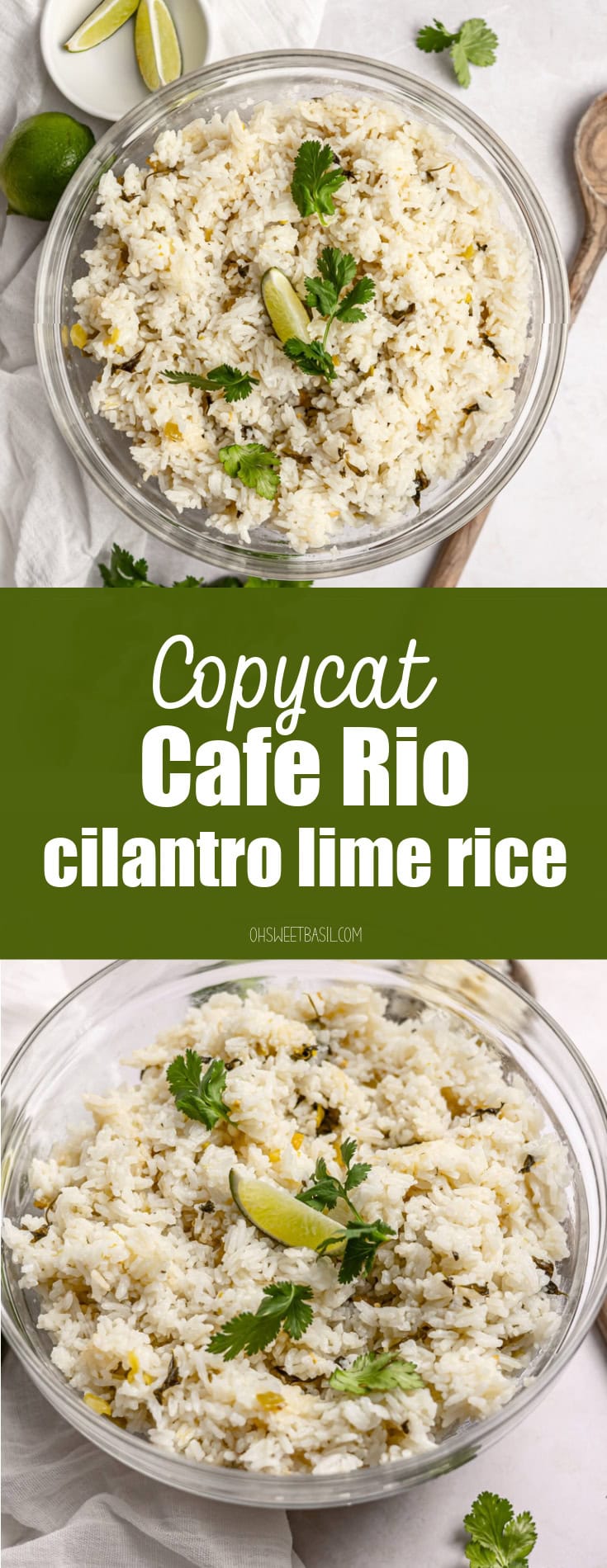 a photo of a large glass serving bowl full of cilantro lime rice topped with fresh cilantro and a lime wedge