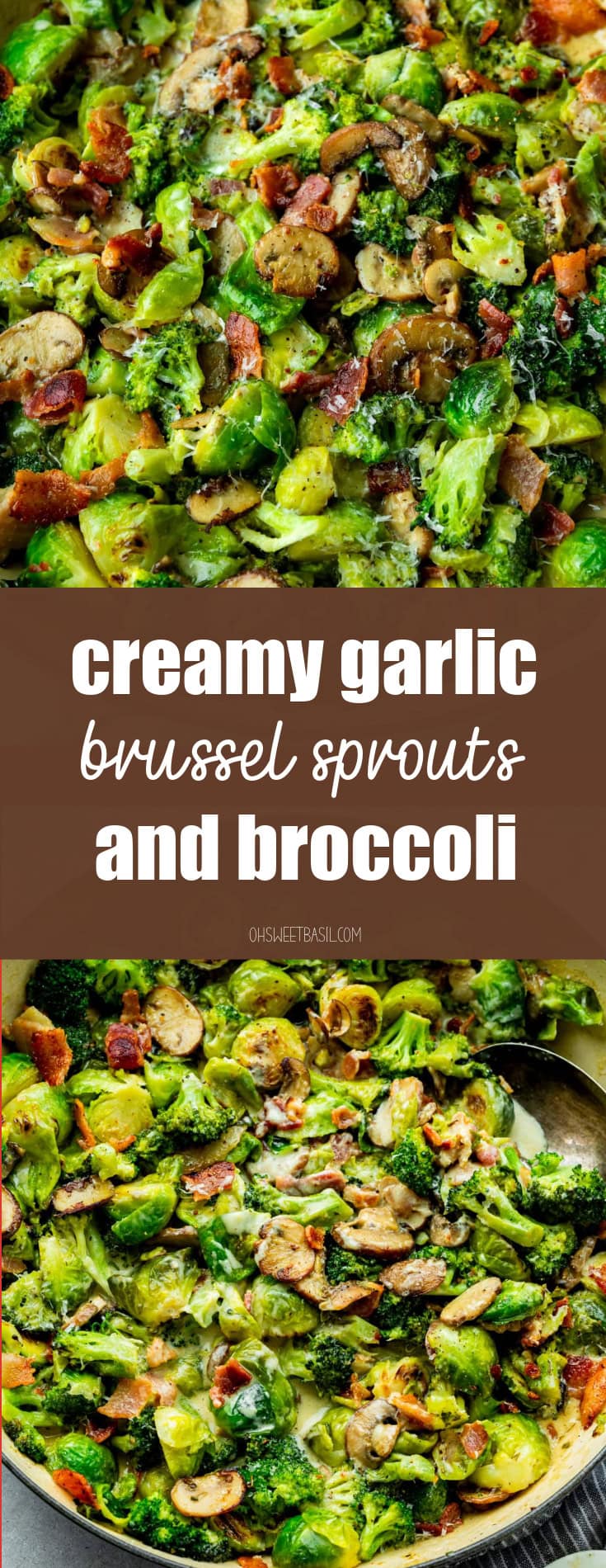 a photo of a large skillet full of cooked brussel sprouts, broccoli, mushrooms, and crispy bacon all mixed with a creamy sauce.