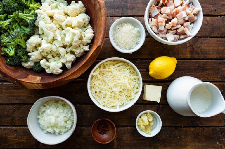 a photo of all the ingredients for creamy garlic parmesan broccoli and cauliflower