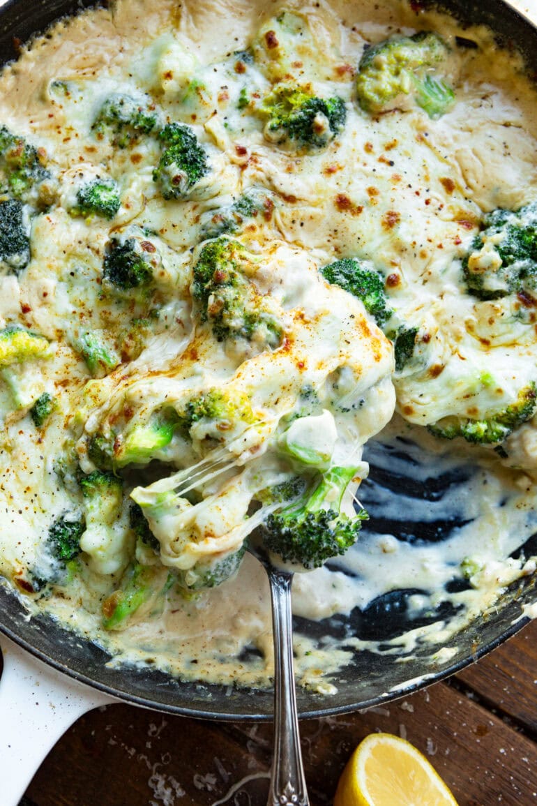 Photo of creamy garlic parma broccoli stirred in skillet