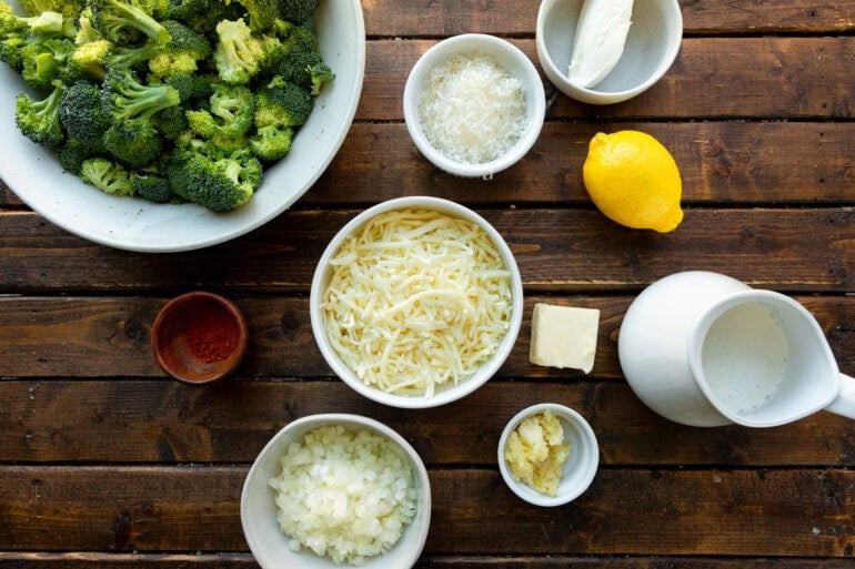 Photo of all ingredients of creamy garlic parmesan broccoli in separate small bowl