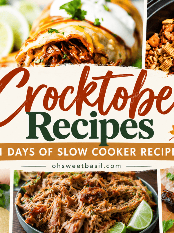 Crocktober Recipes graphic featuring slow cooker brisket, ribs, carnitas, queso, Chex Mix and beef burritos with the text “31 Days of Slow Cooker Recipes.”