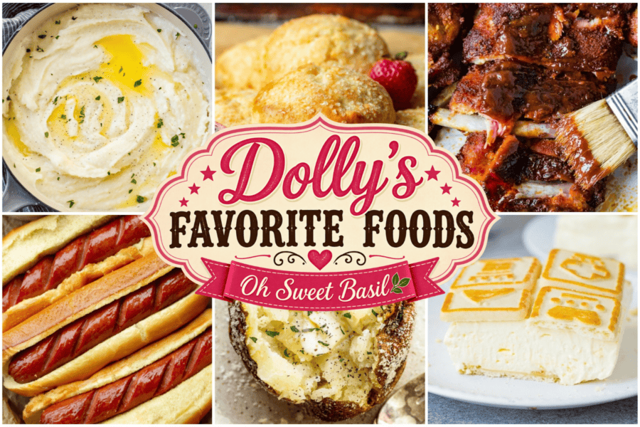 a collage of Dolly Parton's favorite foods