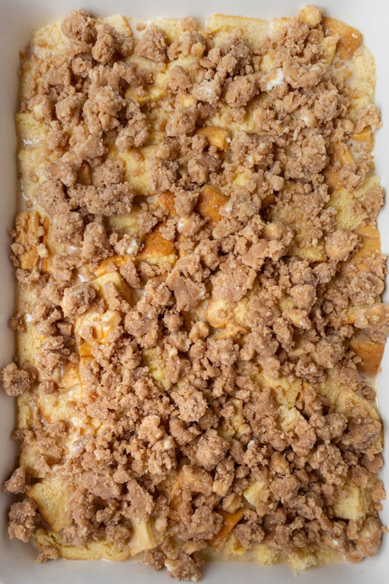 A photo of an unbaked French toast casserole ready to be placed in the oven