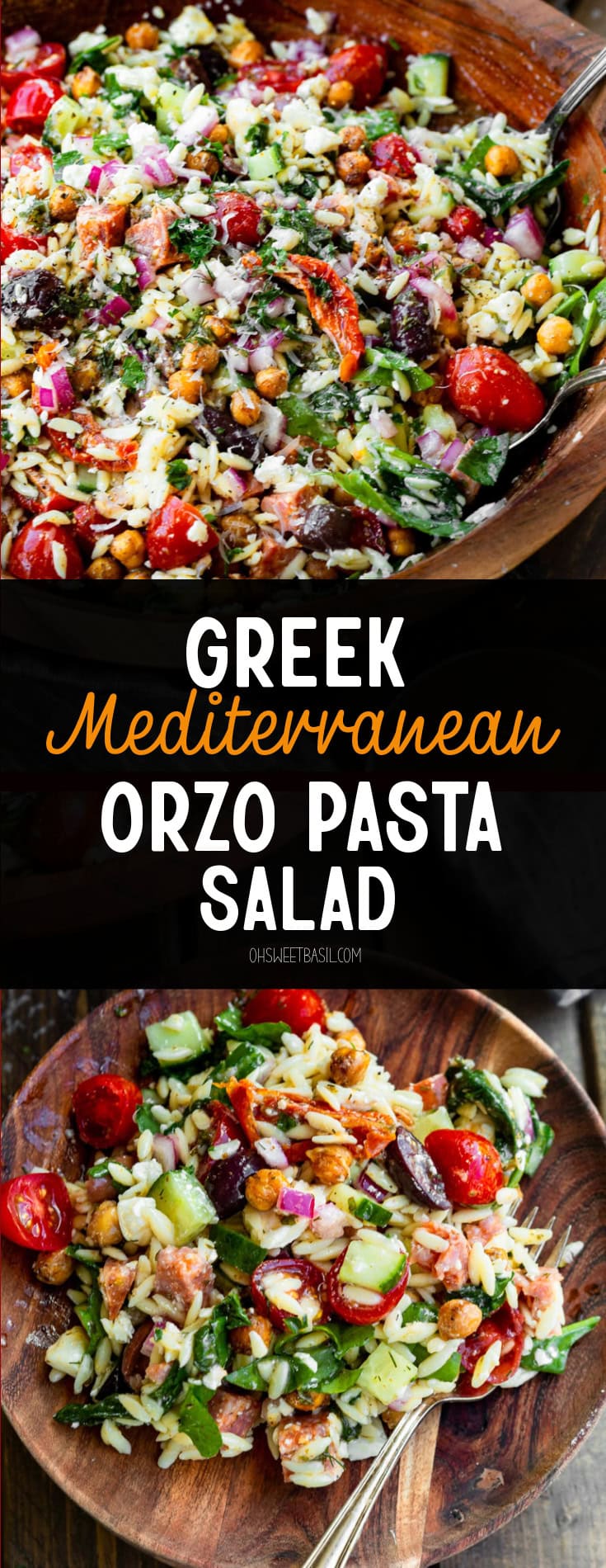 a photo of a serving of greek orzo pasta salad on a wooden plate with a fork in the salad.