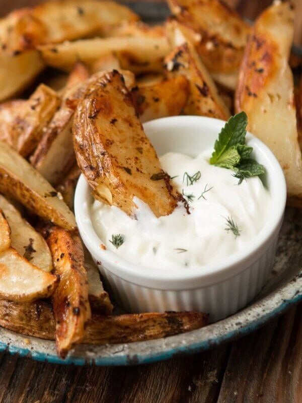 Greek Roasted Potatoes with Garlic Tzatziki Sauce ohsweetbasil.com