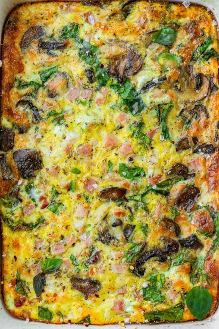 a baked ham, egg, cheese and sauteed mushroom breakfast casserole