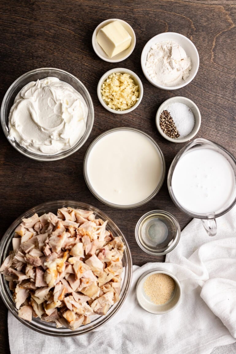 The creamy Hawaiian Haystacks sauce ingredients ready to go, featuring coconut milk, chicken broth, garlic, onion, butter, and cornstarch for the perfect silky base.