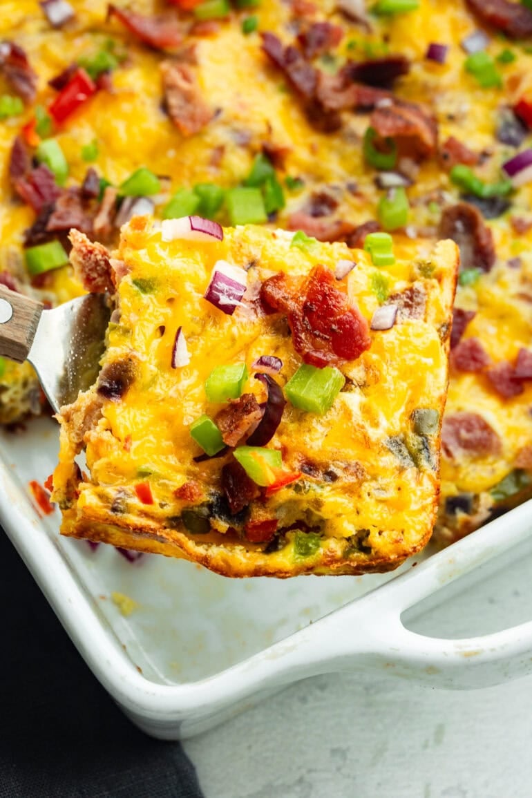 A thick, fluffy egg casserole filled with bacon, peppers and onions
