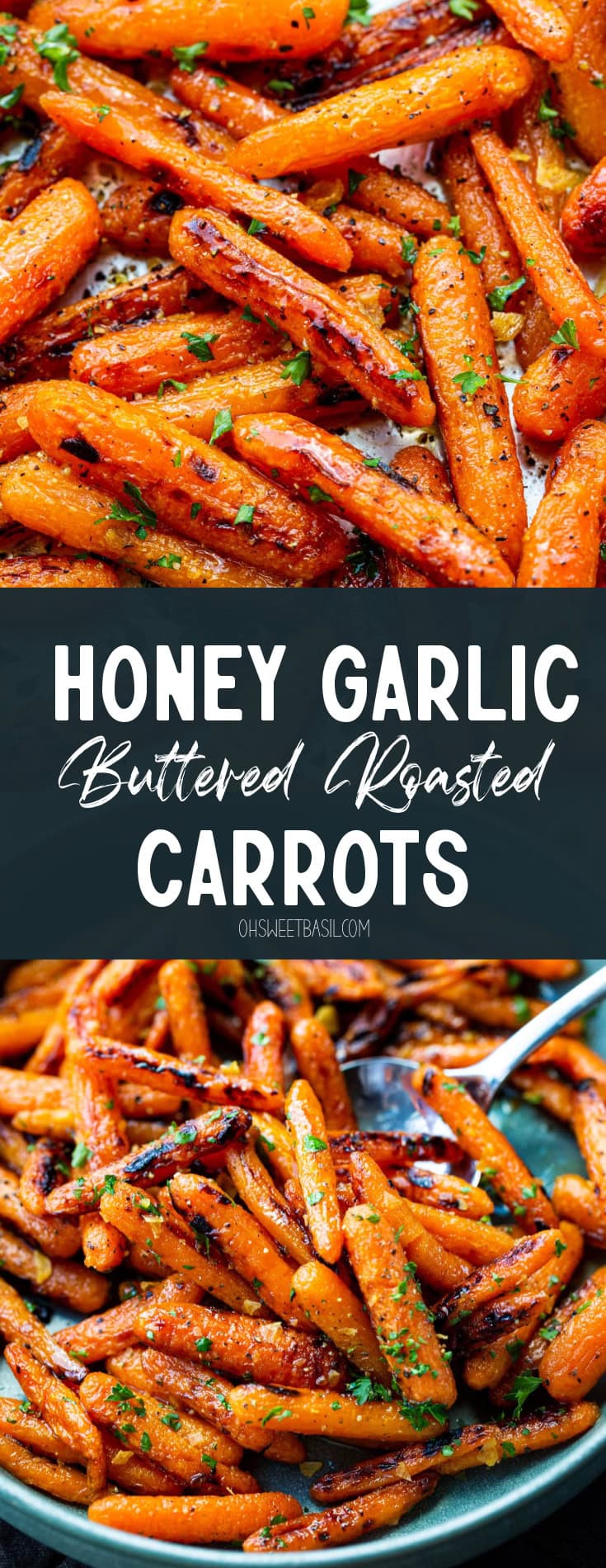 a photo of a roasted honey glazed baby carrots topped with chopped parsley and minced garlic
