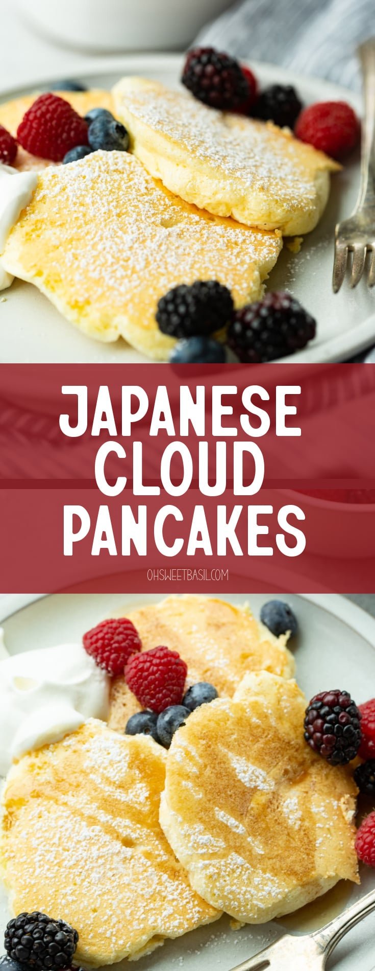 a photo of four swedish pancakes rolled up and sitting next to each other on a white plate topped with diced strawberries.