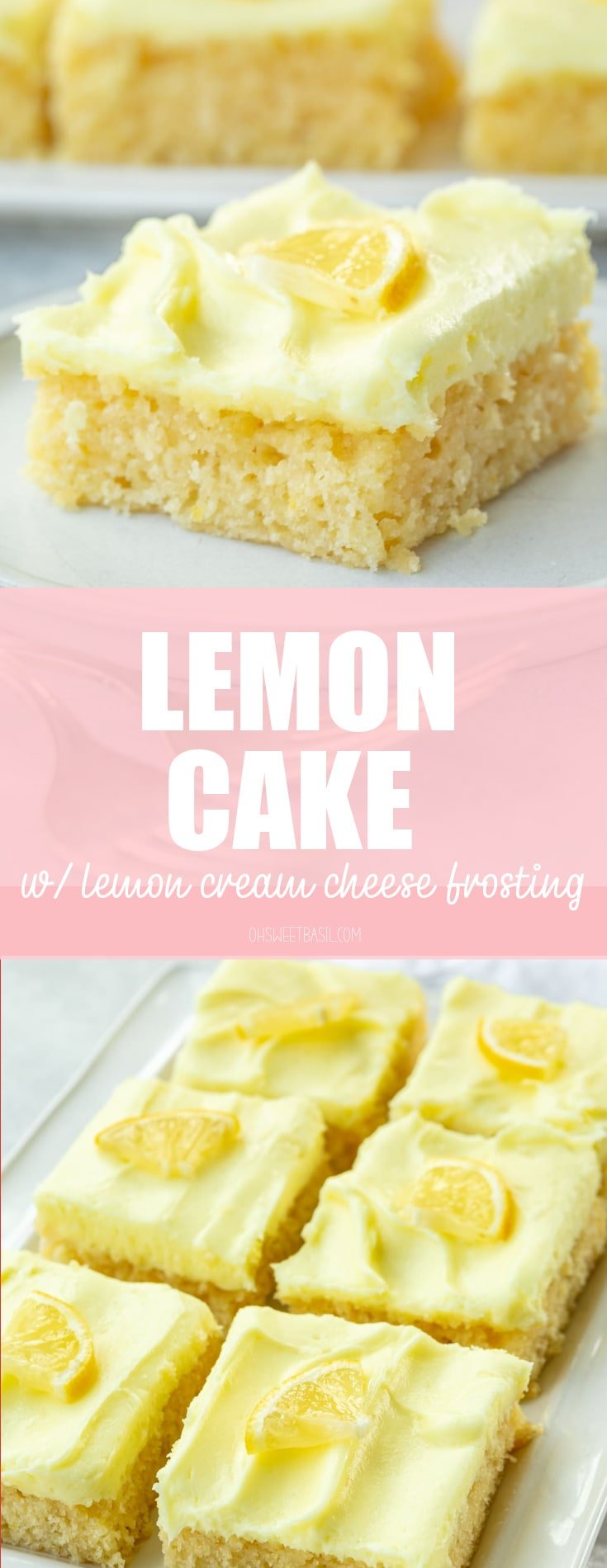 a photo of size square slices of lemon cake sitting on a serving tray topped with a small slice of fresh lemon