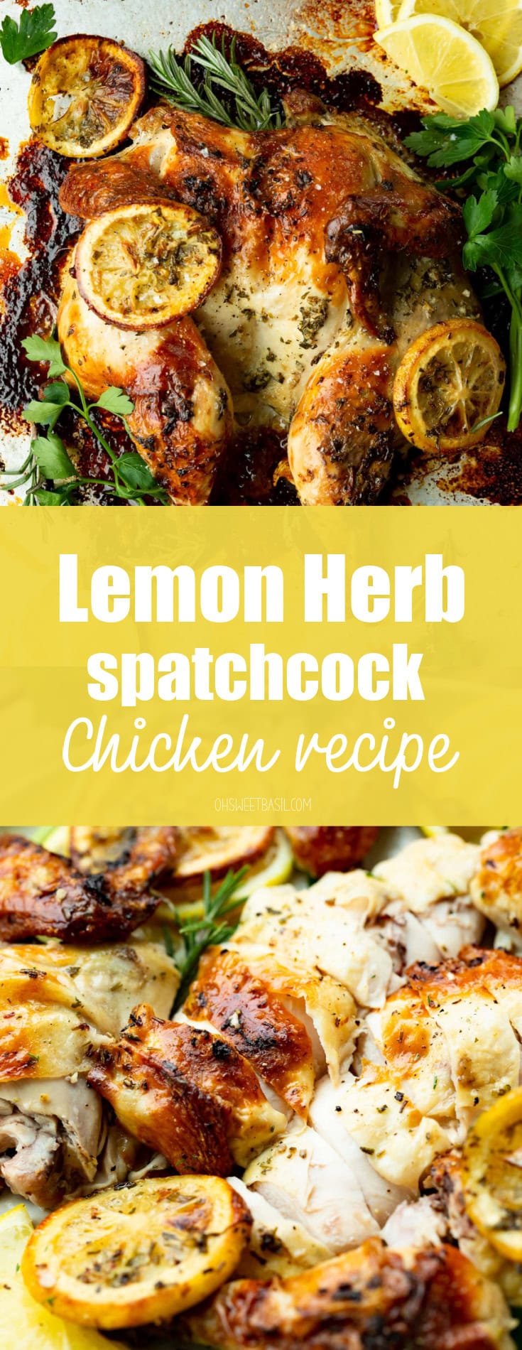 a photo of juicy roasted sliced chicken breasts topped with fresh herbs and surrounded by slices of lemon.