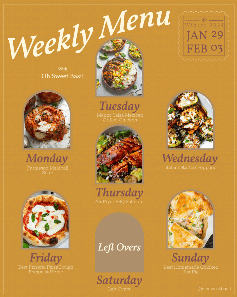 a graphic of a weekly menu plan showing recipes for all the days of the week