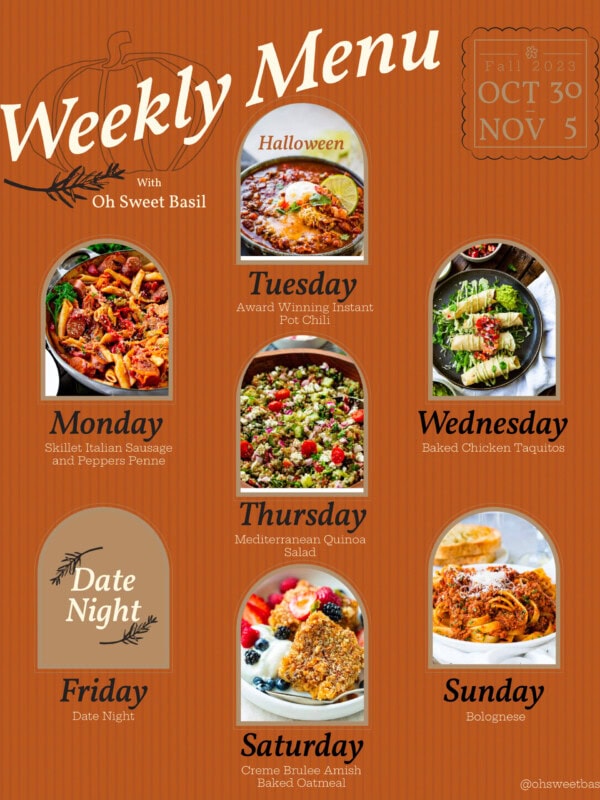 a photo of a menu plan with recipes listed for each day of the week
