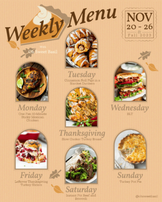 a graphic of a weekly menu plan showing recipes for each day of the week.