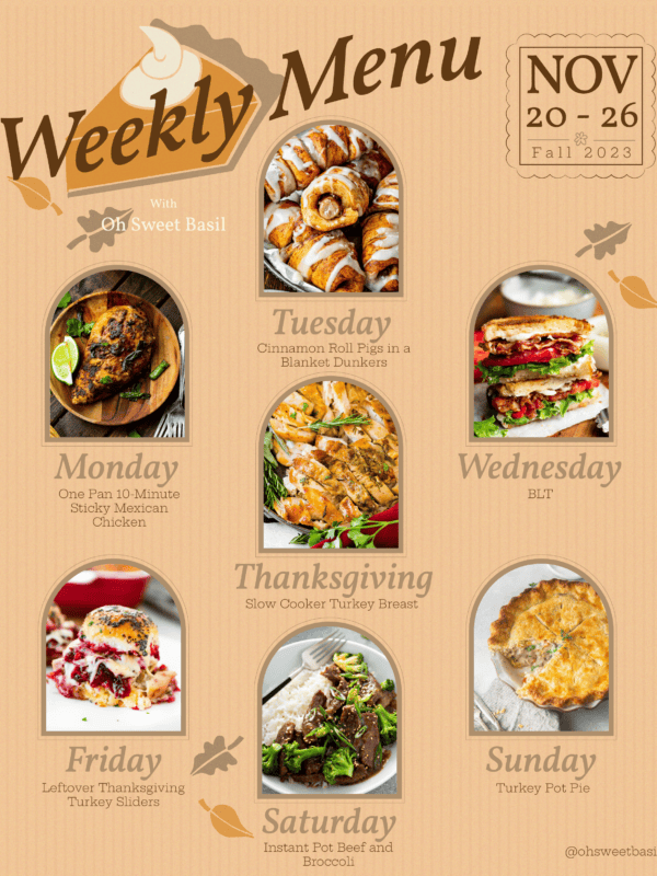 a graphic of a weekly menu plan showing recipes for each day of the week.