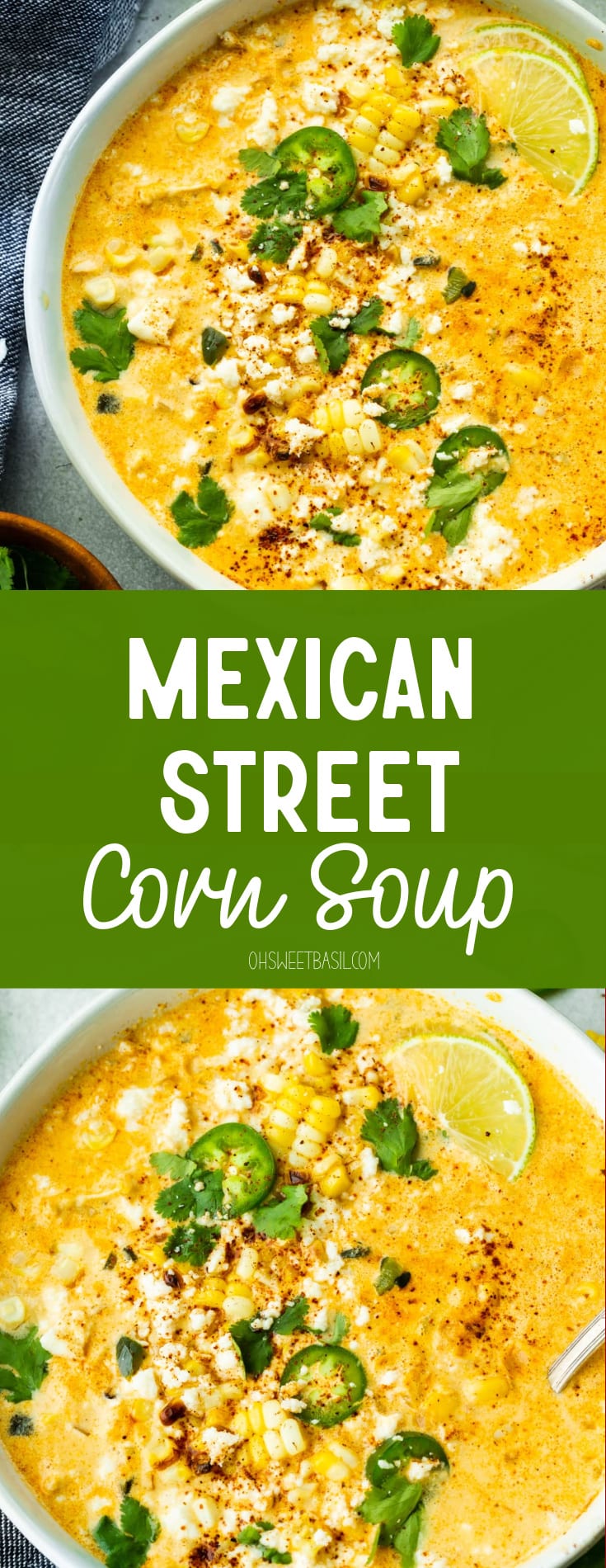 a photo of a large bowl of elote corn soup topped with slices of jalapeno, lime wedges, crumbled cotija cheese and chopped cilantro.