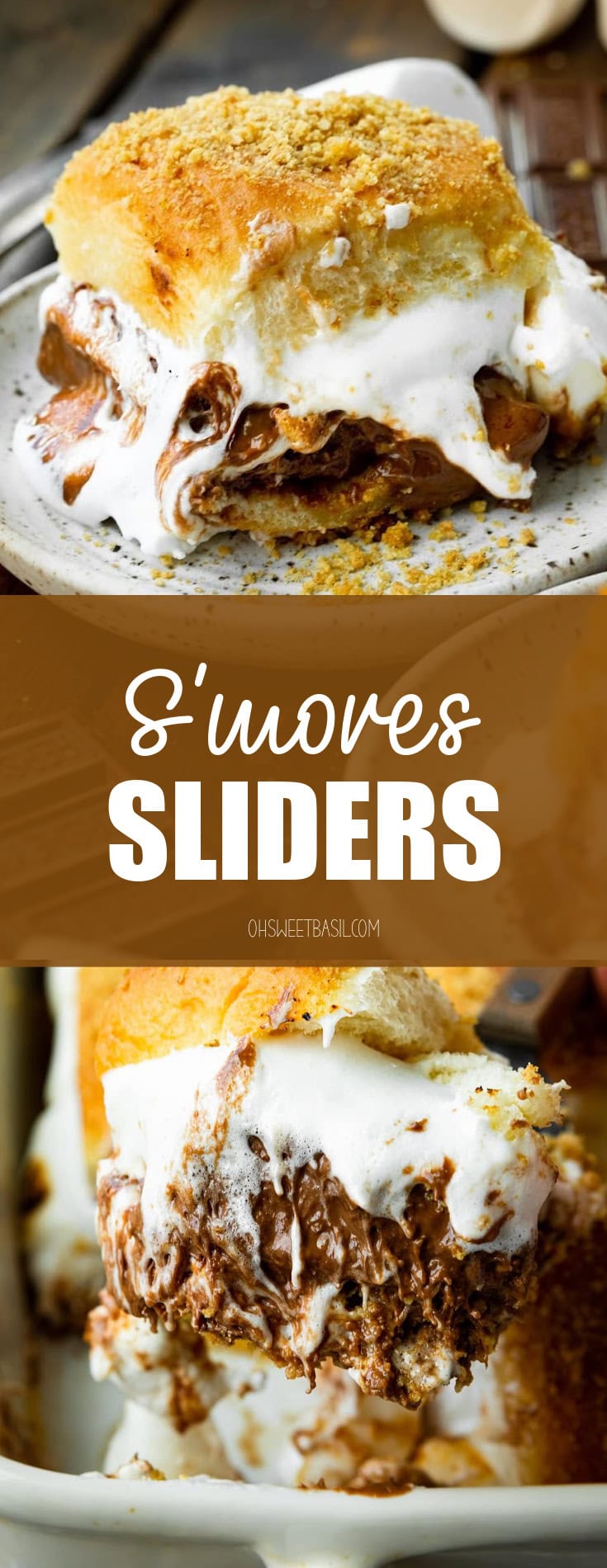 a photo of a casserole dish full of a dozen s'more sliders with melted marshmallow coming out the sides and topped with graham cracker crumbs